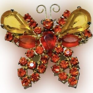 Vintage Verified JULIANA D&E Orange Yellow Rhinestone Butterfly Brooch